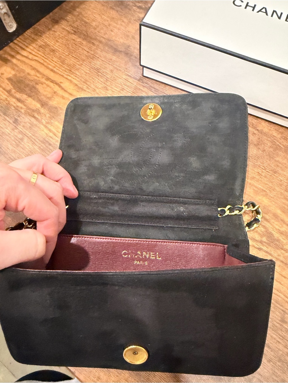 CHANEL Black Quilted Suede Chain Crossbody with Gold Hardware - Picture 6 of 8